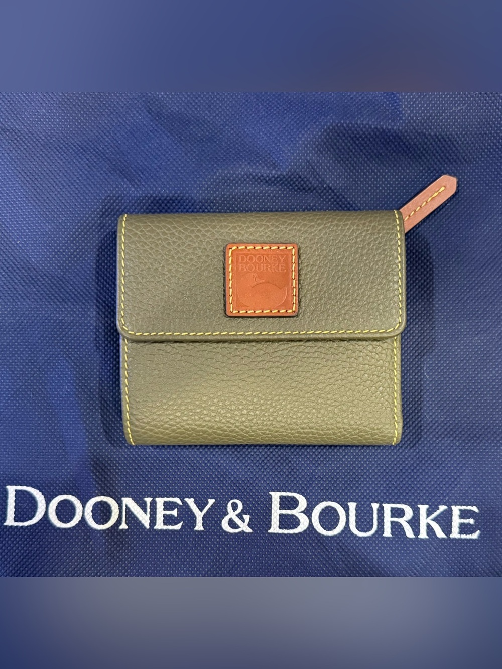 Dooney & Bourke Pebble Grain Leather Small Flap Wallet in Olive with Brown Patch